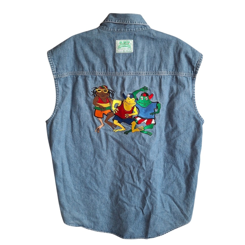 Vintage Carlos N Charlie's El Squid Roe Denim Vest Large Embroidered Frogs Cabo